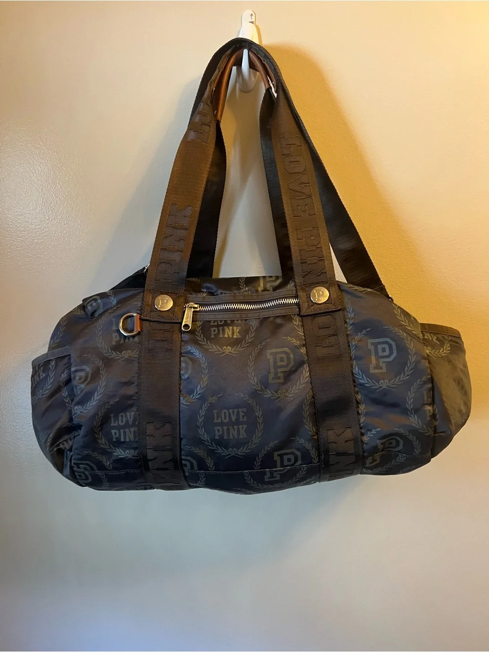 PINK Victoria's Secret Black Logo Duffel with Repeating 'LOVE PINK' Print